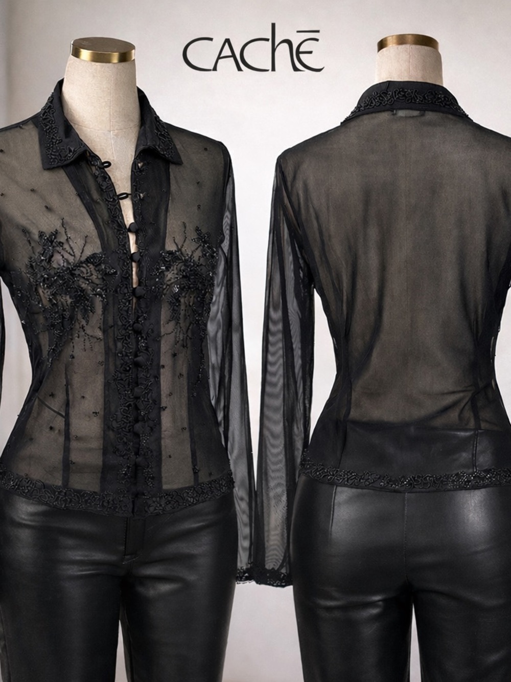 VTG Caché,Sheer Beaded Mesh Blouse 90s Y2K Evening Goth Glam Stretch Top Size L - Picture 8 of 14